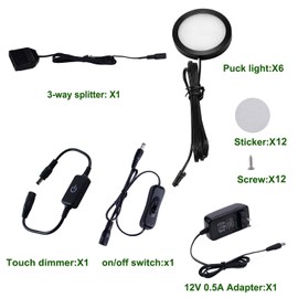 AIBOO Under Cabinet LED Black Cover Puck Lighting Kit with Touch Dimmer Switch for Kitchen Cupboard Closet Lighting (6 Lights,Daylight White)