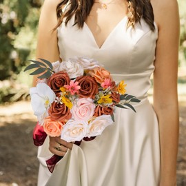 Artificial Flowers Combo Box Set, Faux Flowers with Stems for DIY Wedding Bouquet Bridal Shower Decorations Fake Rose Floral Arrangements Centerpieces for Table Home Decor Indoor (Champagne & Orange)