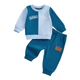 Toddler Baby Boys Fall Outfits Contrast Color Clothes Mama’s Boy Letter Jumper Sweatshirt Solid Elastic Pants Jogger Set 2Pcs Tracksuit (Blue, 2-3 Years)
