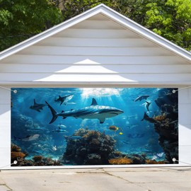 16X7FT Shark Under The Sea Garage Door Decoration Cover, Blue Ocean Shark Underwater Sea Animal Garage Door Banner Backdrop, Boy Girl Birthday Party Decor Background
