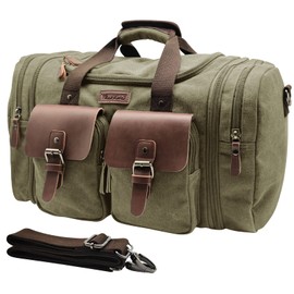 Wildroad 50L Travel Duffel Bag, Expandable Canvas Genuine Leather Duffle Bag Upgraded Overnight Weekender Carry on Bag