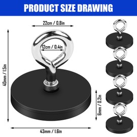 Neodymium Magnets Strong, 4 Pieces Round Magnet with M6 Suspension Ring, 43mm Magnets Screwable Rare Earth Magnet Magnets with Hole Rubberised Magnets External Thread for Workshop, Cruise