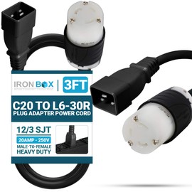 IronBox Electric IEC C20 to L6-30R Plug Adapter Power Cord - 20A, 250V, 12/3 SJT - UL Listed Power Supply - Heavy Duty Extension Cable for Data Centers, PDUs, Generator, Amplifier & More (3ft, Build)