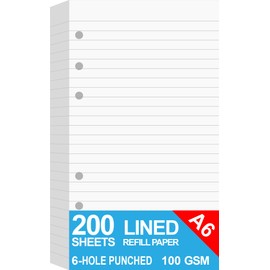 200 Sheets A6 Lined Paper for Filofax Personal Binder Planner, White 100gsm Ruled Pages, 6 Hole Punched, 3.75 x 6.75 Inch
