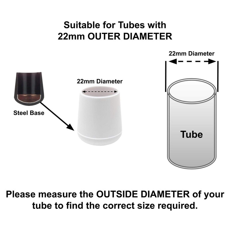 22mm Rubber Feet, White Tube End Caps, Pack of 4