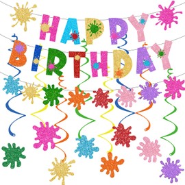 Paint Art Themed Birthday Banner Party Decorations Kit Supplies,Glitter Colorful Rainbow Happy Birthday Banner with Hanging Swirls for Classroom Drawing Theme Party Decor