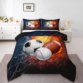 Erosebridal Twin Comforter Set for Boys Baseball Bedding Basketball Comforter Soccer Bedding Set for Teens Football Comforter Set with 1 Pillow Sham Basketball Room Decor Sports Themed Quilt Set, Soft