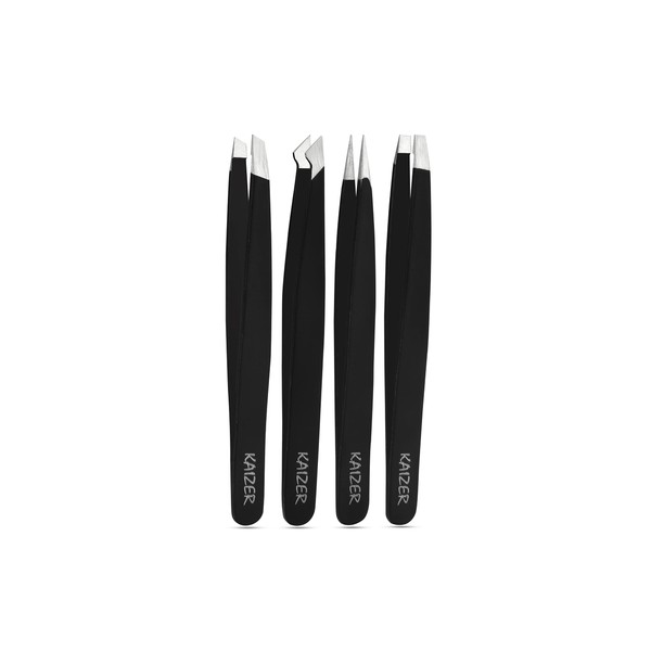 Professional Stainless Steel Tweezer Set for Eyebrows - Precision Tweezers for Ingrown Hair, Blackhead & Splinter | 4 Pcs, Black, 3.5 x 4.5 x 0.50 (KZR-01)