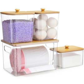 ALOCEO Set of 4 Laundry Containers and Extra Large Trash Bag, Wall Mounted Clear Plastic Laundry Pods Container Dryer Sheet Holder with Lids for Laundry Room Organization and Storage