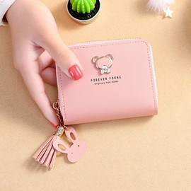 IFUDE Cute wallet for girls women mini wallet children made of soft PU leather with zip, cartoon design pendant, coin compartment and card slots, pink, Casual