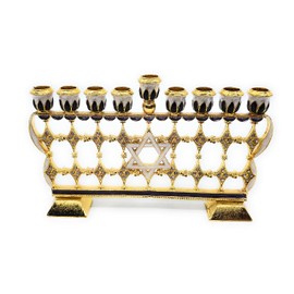Chanukah Menorah Enamel on Pewter Set with Genuine Austrian Crystals & Gold Accents (Purple)