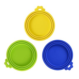 SunGrow Cat Food Can Lids, Durable and Flexible Silicone Wet Pet Food Can Covers, Universal Fit Storage Toppers, Dishwasher-friendly, Yellow, Blue, Green, 4” x 3.5”, 3 Pcs Per Pack