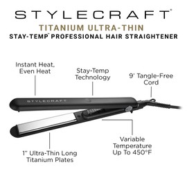 StyleCraft Stay-Temp Professional 1-Inch Titanium Flat Iron, Titanium Ultra-Thin Hair Straightener for All Hair Types