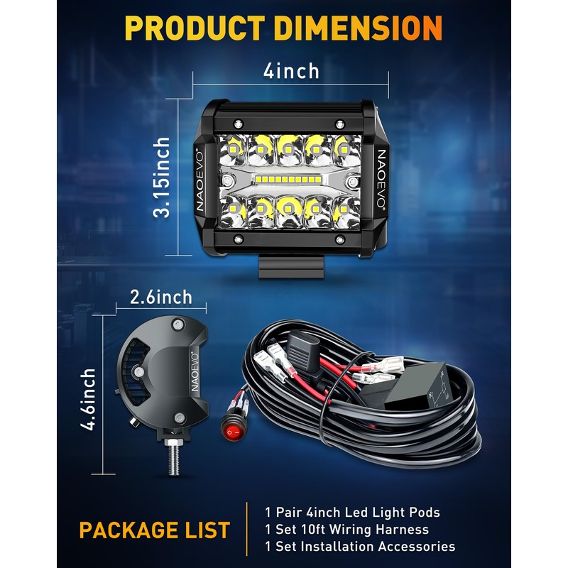 NAOEVO 4 Inch LED Pod Lights, Spot Flood LED Fog/Driving/Off