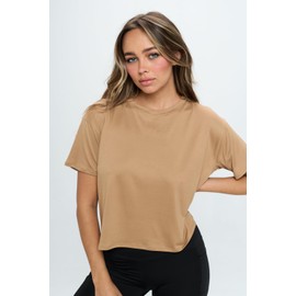 KNIT RIOT Women’s Crop Top – Short Sleeve Soft Boxy Crewneck Casual Active Workout Yoga Running Cropped Tee T Shirts KR271 Camel S