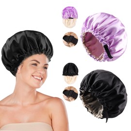 OWITER Shower Cap Women's Satin Bonnet for Sleeping Double Layer Satin Bonnets for Black Women Curly Hair Braids .7106 (black and lavender)