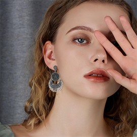 coadipress Boho Round Chandelier Earrings for Women Dainty Bohemian Bali Vintage Chandelier Indian Earrings Disc Flower Crescent Moon Beaded Tassel Drop Earrings Boho Jewelry Gifts (Silver)