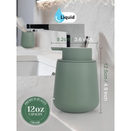 INGOFIN Ceramic Lotion Dispenser - 12oz Refillable Hand Soap Dispenser Bathroom, Modern Liquid Dispenser with Pump, Dish Dispenser for Kitchen, Matte Green
