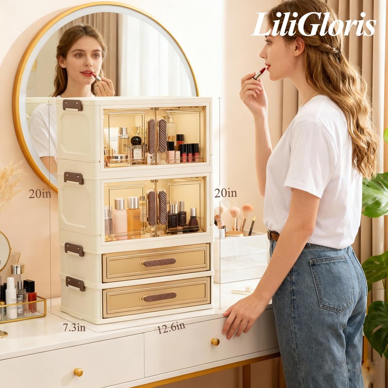 LiliGloris Makeup Organizer with Drawers & Compartments, Modular Stackable Cosmetic