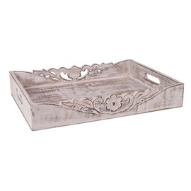 Coffee Table Tray (Distressed White) - “Orchid” Wood Serving Trays w/Handles for Breakfast in Bed - Mango Wood Decorative Tray w/Felt Pads - Medium Size Trays - 16” x 12” x 2.5”