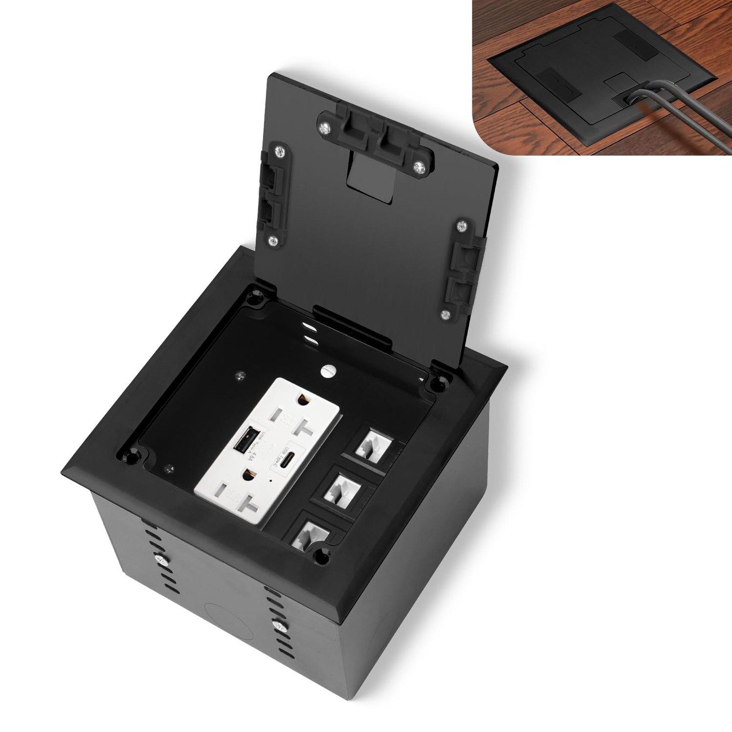 KYHSHJ Pop-Up Floor Power Outlet Box – 20A Tamper-Resistant Receptacles + 5V/4.8A USB Ports, ETL Listed, Black, IP44 Waterproof Gasket