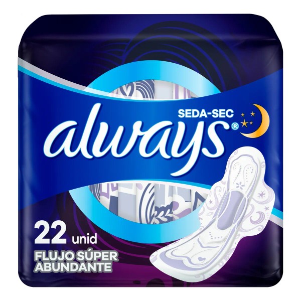 Toallas Femeninas Always Seda-Sec Nocturna, 22 Unidades