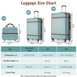 Merax Luggage Set 2 Piece Suitcase Set with Cosmetic Case Expandable Spinner Wheels Vintage Luggage Sets(Blue Green,20"+28")