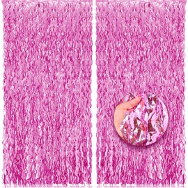 PIGETALE 2 Pack 3.2x6.5 Feet Wavy Pink Foil Fringe Backdrop Curtains, Tinsel Streamers Princess Party Decorations Photo Booth Props for Birthday Baby Shower Bachelorette Euphoria Theme Party Supplies