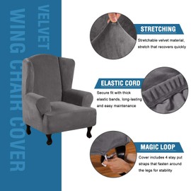 H.VERSAILTEX Wingback Chair Covers Velvet Plush Wing Chair Slipcover 1 Piece High Stretch Wing Back Chair Slipcovers Sofa Cover Furniture Cover with Elastic Bottom, Grey