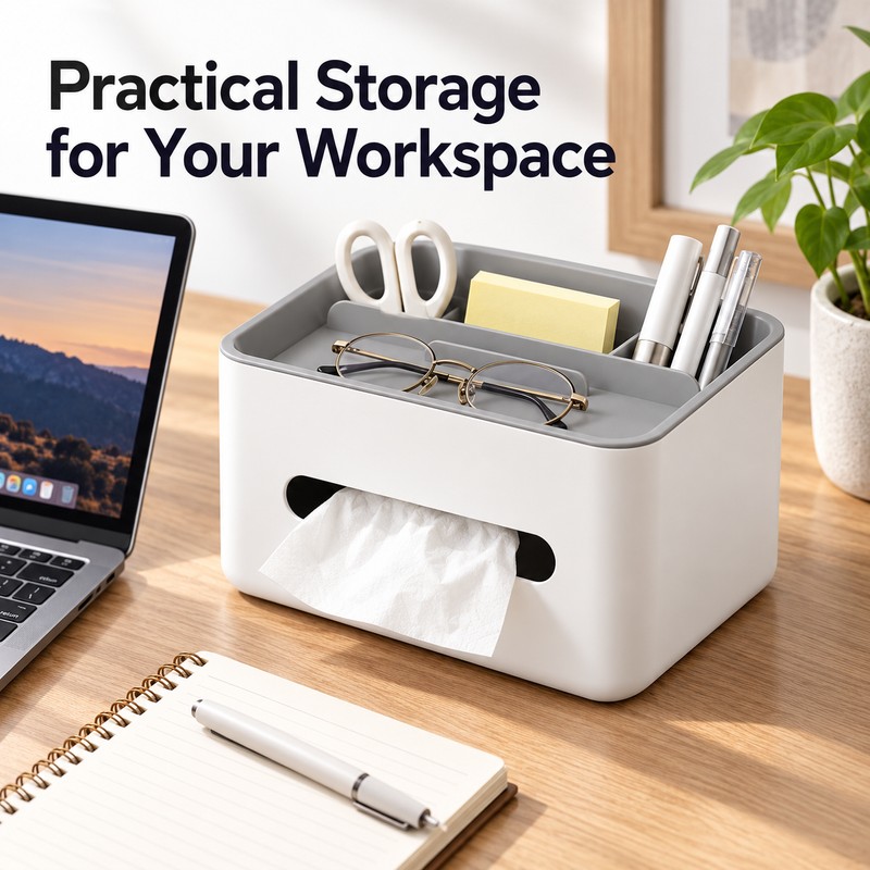 Multifunctional Tissue Box Holder – Plastic Desk Organizer with Remote