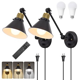 TRLIFE Dimmable Wall Sconce with Remote Control, Plug in Wall Sconces Dimming 10%-100% and Adjustable Color Temperature 2700K-6000K, Swing Arm Wall Lights with Plug in Cord, UL Listed(2 Pack, 2 Bulbs)