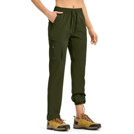 Rdruko Women's Hiking Pants Lightweight Quick Dry Water Resistant Cargo Outdoor Travel Pants Elastic Waist, Army Green, L