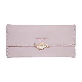 AfitLulu Large Women's Long Faux Leather Wallet with Square Snap Decoration, Tri-Fold Clutch Wallet for Credit Card Slots and ID Window, pink, Modern