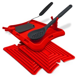 Blue Bosti Nottadrip Silicone Spoon Rest for Stove Top - Kitchen Spoon Rest for Countertop, Ladle Holder, All in 1 Serving Station, Elevate Handles, Drip to Tray, Mess Free - 5PC Trivet Set - Red