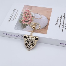 Moydolo Cute Gold Crystal Rhinestone Leopard Car Key Chain Ring Charm Sparkling Metal Cheetah Head Keychain Pendant For Women Men Backpack Purse