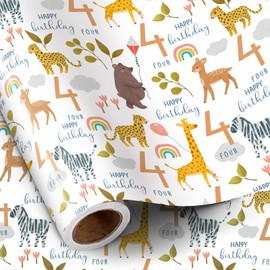 RUSPEPA 4th Birthday Wrapping Paper for Kids, Mini Roll, Jungle Animals and Number 4 Pattern Gift Wrap Paper for Boys Girls, Birthday Party and More, 17 Inches x 16.4 Feet, 4 Years Old