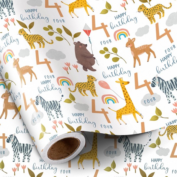 RUSPEPA 4th Birthday Wrapping Paper for Kids, Mini Roll, Jungle
