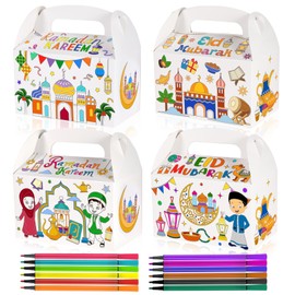 HOWAF 12pcs Eid Mubarak Color Gift Treat Boxes with Paint Pens for kids,Ramadan Kareem Coloring Candy Treat Boxes Ramadan Kareem Coloring Gift Boxes with Handle for Ramadan Eid Party Decoration