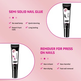 MAGIC ARMOR 15g Semi Solid Nail Glue with 15g Remover for Press On Nails Tips Gel Nail Glue No Need for UV Lamp Quick Drying a Long Lasting Fake Acrylic Nails Kit Glue Gel