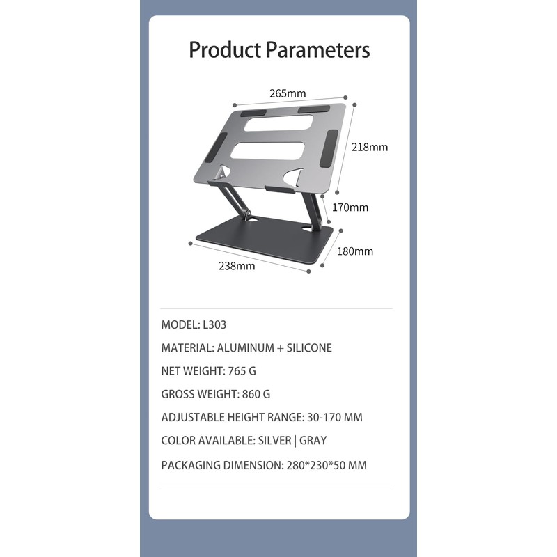 OneCut Adjustable Laptop Stand, Aluminium Alloy, Height-Angle Adjustable, Silver