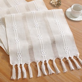 Cenebonxy Rustic Boho Table Runner, Farmhouse Table Runners 36 Inches Long for Kitchen Dining Room, 13x36 Inches, Ivory Lines