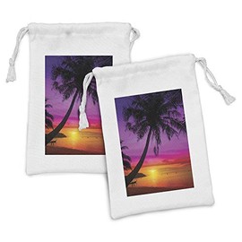 Ambesonne Tropical Fabric Pouch Set of 2, Palm Tree Silhouette on Beach at Sunset Summertime Travel Destination, Small Drawstring Bag for Toiletries Masks and Favors, 9" x 6", Purple Orange Black
