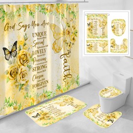 Litabel 4 Pcs Yellow Butterfly Inspirational Quotes Shower Curtain Set with Rugs and Toilet Lid Cover, Colorful Boho Waterproof Fabric Bathroom Set, Bible Verse Floral Bathroom Decor Set Accessories