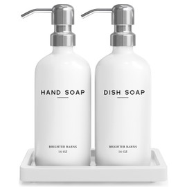 White Glass Kitchen Soap Dispenser Set by Brighter Barns - Hand and Dish Soap Dispenser Set with Tray & Pump for Office, Hotel, Vacation Rental, Airbnb - Modern Kitchen Decor & Accessories (White)