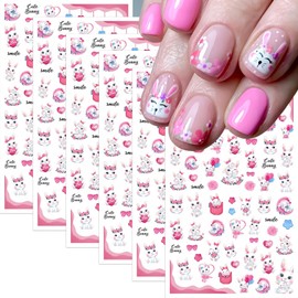 6Pcs Easter Nail Art Stickers Cute Cartoon Bunny Nail Decals 3D Self Adhesive Lovely Rabbits Nail Decor Pink Heart Floral Bunny Design Nail Supplies for Women Girls DIY Easter Nail Accessories