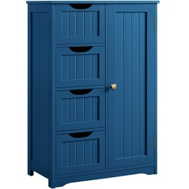Topeakmart Wooden Bathroom Floor Cabinet, Free Standing Side Cabinet w/4 Drawers & 3 Tier Cupboard Storage Organizer Unit Hallway/Entryway Cabinet, Navy Blue
