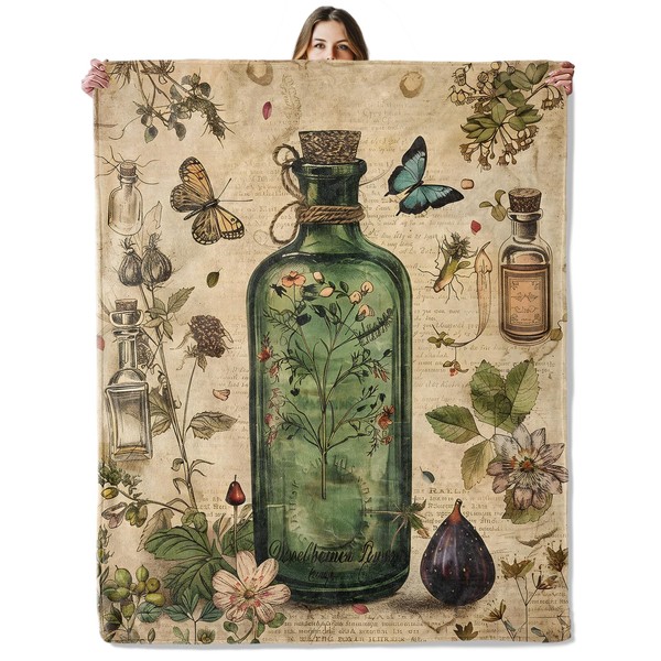 Green Potion Bottle and Botanical Drawing Throw Blanket for Girls