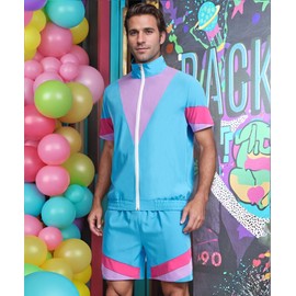 UOUA 80s Outfit for Men 90s Color Block Costumes 2 Piece Retro Short Sleeve Jacket & Shorts Set for Party Blue L