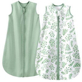 Yoofoss Baby Sleeping Bag 18-24 Months, 2 Pack 100% Cotton, 0.5 TOG Baby Sleep Sack, 2-Way Zipper and Zipper Protection, Baby Wearable Blanket with Adorable Leaves Pattern, Green&Tiny Leaves, XL
