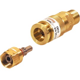 Ibeda DKG Gas Quick Coupling with Male Thread in Set with D1 Coupling Pin with Union Nut for Fuel Gas G3/8 LH, Oxygen 1/4 RH, Inert Gas G 1/4 Inch RH, Design: Fuel Gas G 3/8 Inch LH